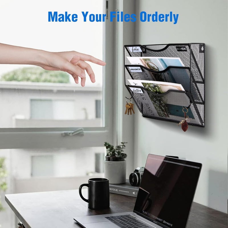 BOHDK Wall File Organizer, 3 Tire Hanging File Folder Mail Organizer, Vertical Mesh Metal Door/Wall Mount Hanging File Holder, Paper Document Magazine Rack with Hooks for Home Office Black - Image 3